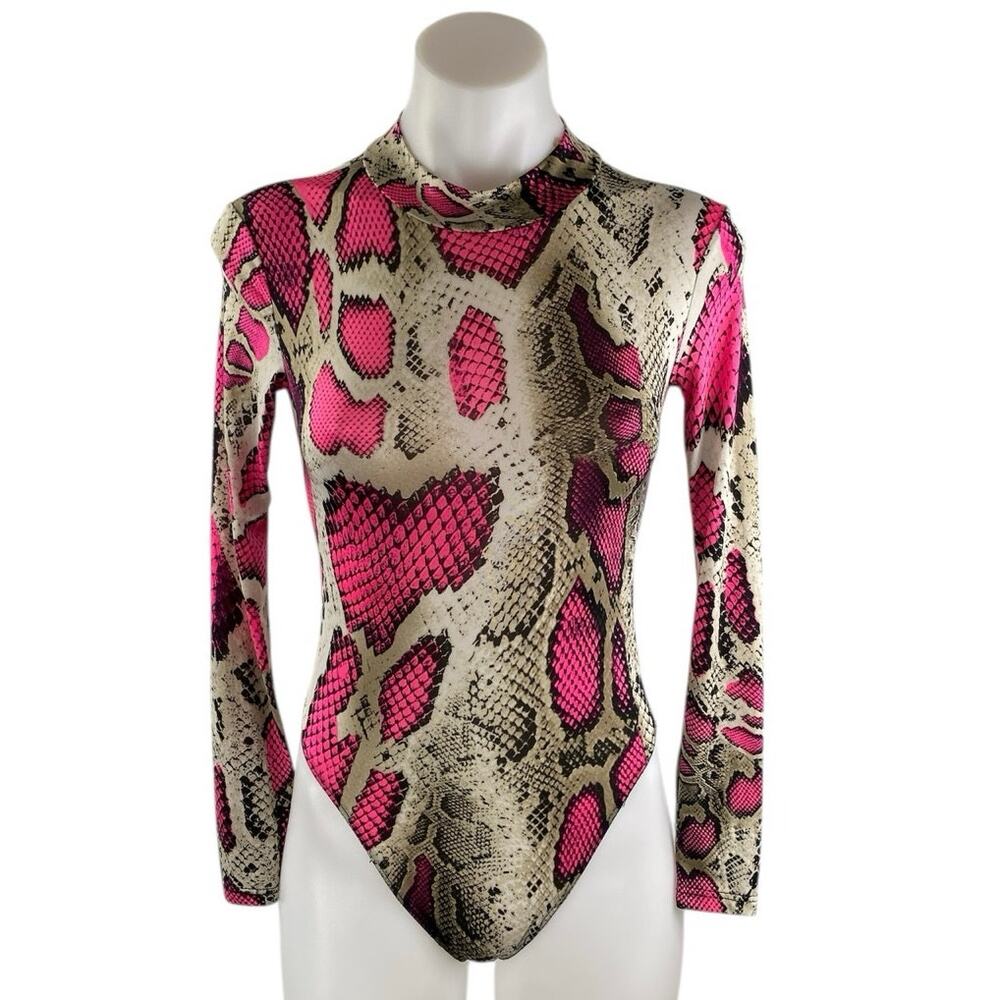 Fashion Queen Women's Multicolor Snake Skin Long Sleeve Mock Neck Bodysuit Top S